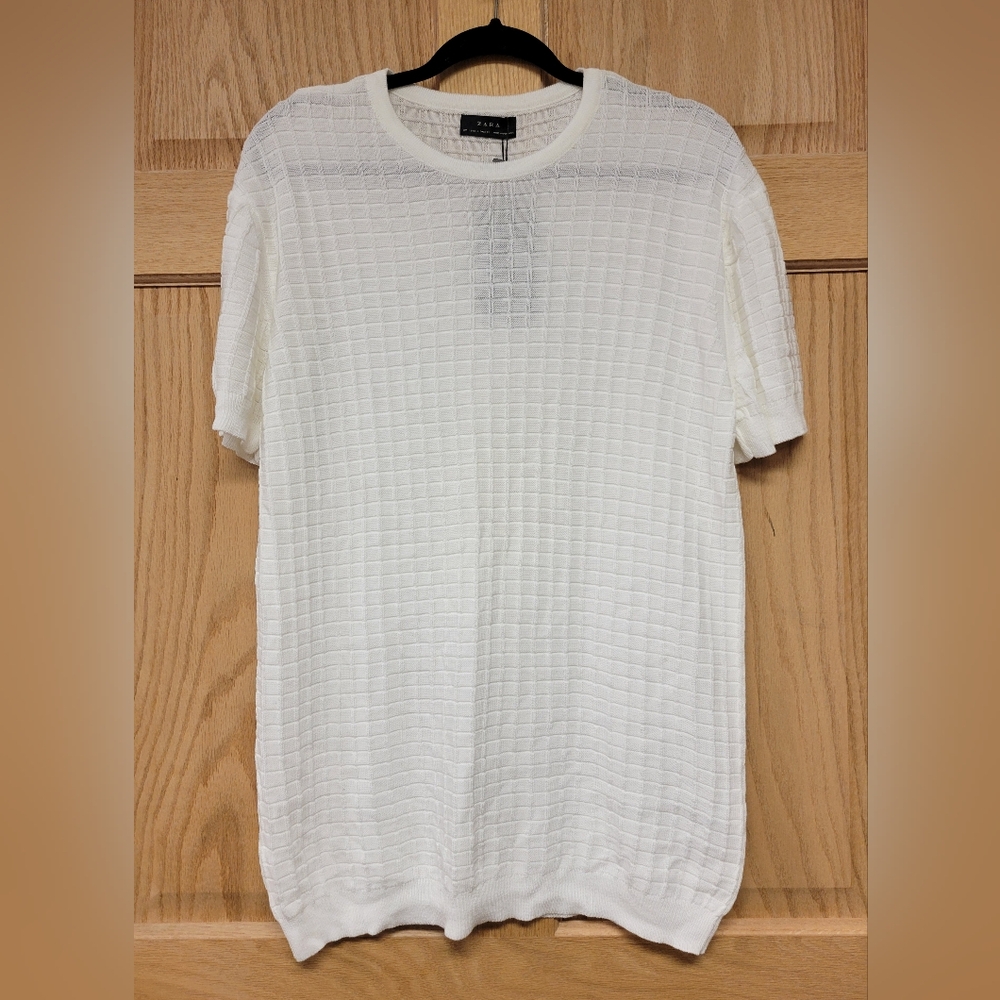Zara Mens White Textured / Square Patterned Short Sleeve Shirt Size Large - NWT